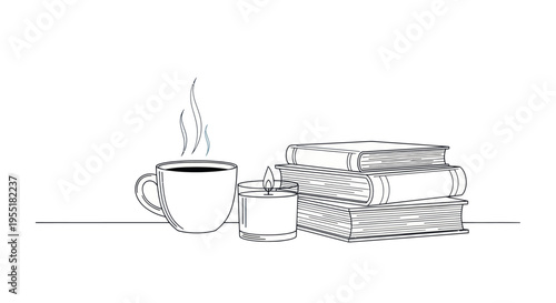 Cup with steam next to books.