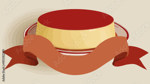 Illustration of a dessert on a plate with a red top and ribbon, over a textured background