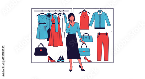 Woman standing with fashion clothing items.