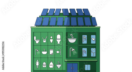 Green house with blue roof tiles.