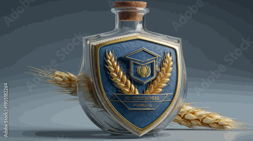 A decorative glass bottle holds an emblem with graduation cap, surrounded by wheat, on a gray backdrop