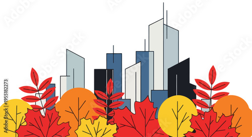 City Skyline with Autumn Leaves.