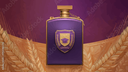 A stylized illustration depicting a purple perfume bottle with a golden emblem, set against a background of wheat