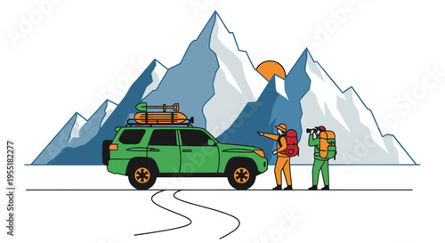 Green SUV with luggage on top.