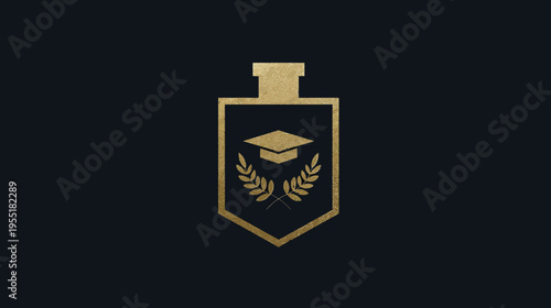 A gold textured emblem of education with a graduation cap, laurel branches, and a dark background