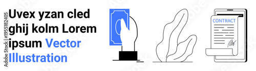 Digital processes, contract management, e-signature, technology, online services, futuristic designs. A hand holds a card, digital contract visible. Digital processes and contract management concept