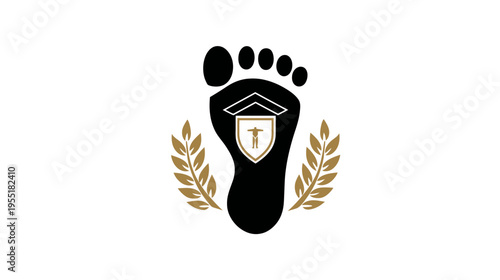 Stylized black foot emblem featuring an inner shield and laurel branches on a white backdrop