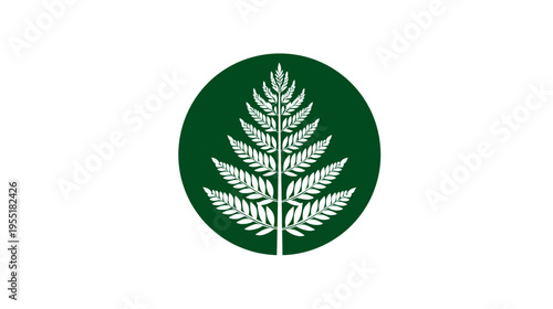 White fern design encased within a dark green oval, set against a pristine white backdrop