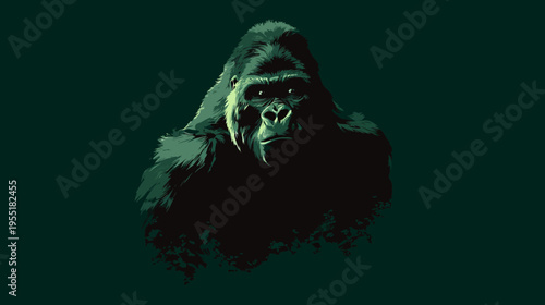 A striking vector illustration of a gorilla rendered in shades of green. It's a minimalist portrait