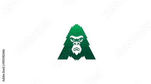 A green gorilla head inside a tree shaped like the letter A against a white background