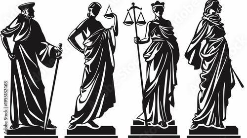 Monochrome statues of justice and law figures in flowing robes, standing tall
