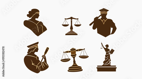 Legal icons in brown, featuring statues, figures of justice and scales on a white backdrop