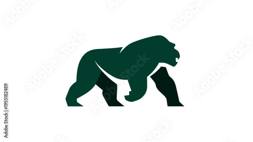 A geometric depiction of a large, dark green ape with prominent brow ridge, walking