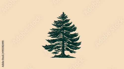 A stylized illustration of a pine tree in a flat design on a muted cream background