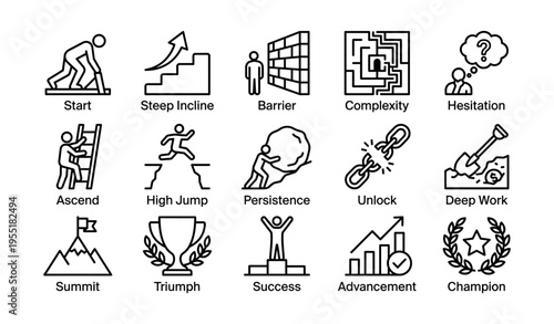 Icons illustrating perseverance and success in challenges and achievements