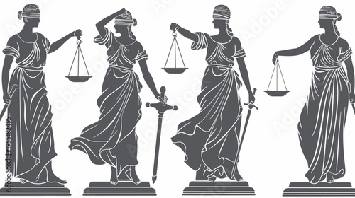 Four Lady Justice statues stand, blindfolded, holding scales and swords, in gray vector art