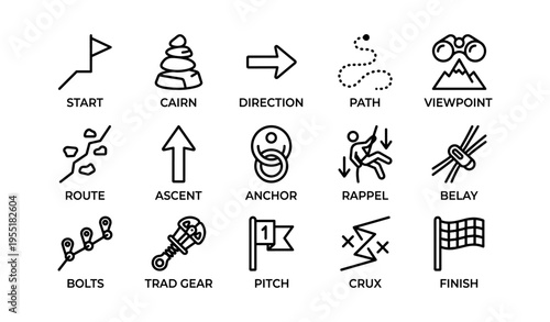 Climbing symbols: route, anchor, rappel, belay, gear, finish line icons