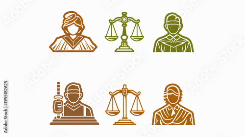 Stylized depiction of legal figures and scales of justice, in earth tones on white