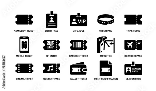 Various ticket icons: admission, entry, qr code, vip badge, boarding pass, and more