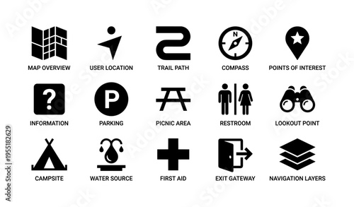 Outdoor navigation icons: maps, compass, parking, restroom, picnic, lookout