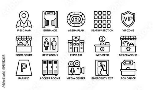 Arena facility icons: map, entrance, seating, vip zone, amenities, shop, restrooms
