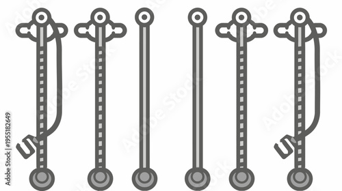 Five stylized plumb bobs, some with ropes, arranged symmetrically on a white background