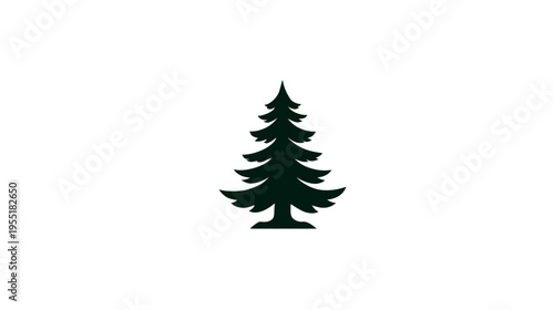 A minimalist evergreen tree silhouette in dark green against a bright white background