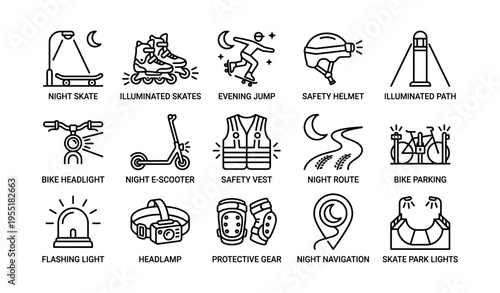 Night safety gear and activities icons including skates, helmet, bicycle, e-scooter, and protective gear