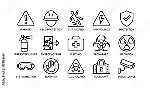 Safety and hazard icons including warning, biohazard, and surveillance symbols