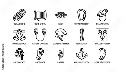 Climbing gear icons: rope, knot, carabiner, helmet, harness, pulley