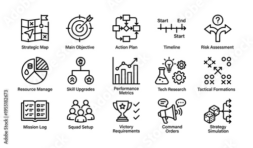 Strategy icons set for planning and management processes