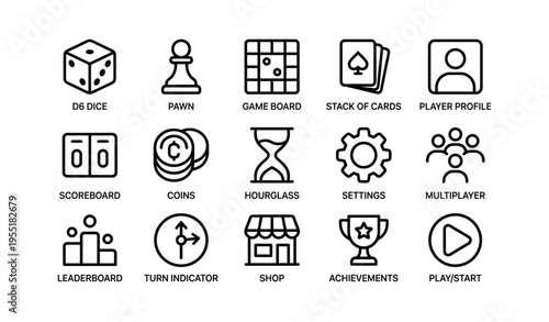 Board game icons set with dice, pawn, cards, and more