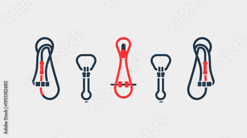 Climbing gear vector illustration, carabiners and ropes, in red and dark blue