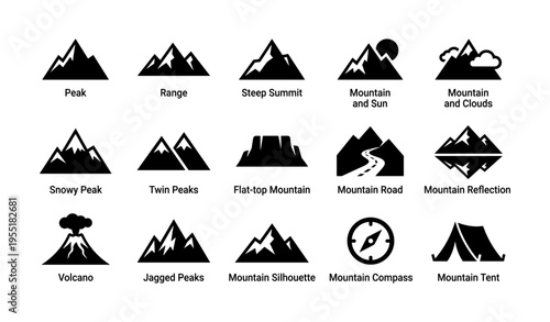 Illustrated mountain icons collection featuring peaks, range, and silhouettes