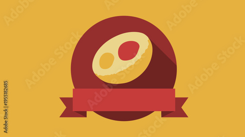 Flat vector graphic featuring a stylized egg inside a circle, with a banner beneath it