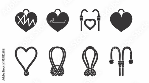 Eight icons four hearts with hanging loops & four rope symbols in monochrome flat design