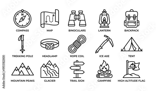 Essential camping gear: compass, map, binoculars, lantern, backpack, trekking pole, headlamp, rope, ice axe, tent