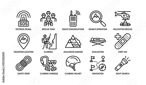 Mountain rescue icons: sos, rescue team, radio, helicopter, climbing safety gear