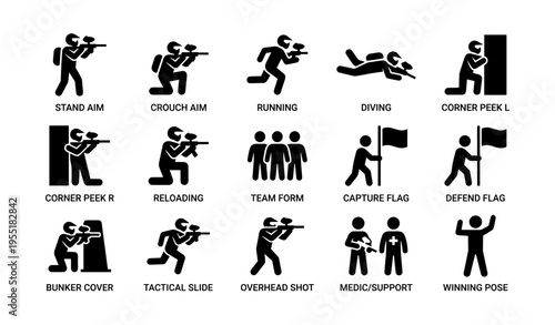 Tactical action silhouettes: shooting, team, and strategy icons