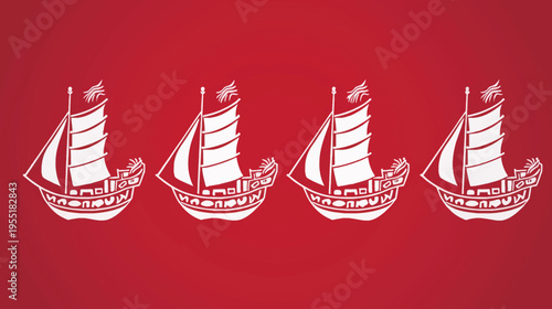 Four white silhouettes of old sailing ships on a red gradient background
