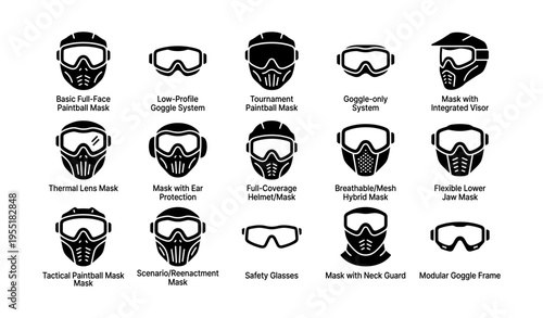 Variety of paintball and safety masks with goggles and features
