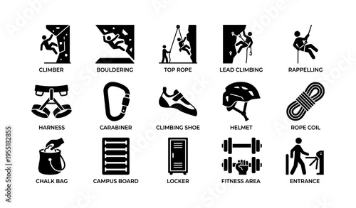 Climbing symbols: gear, techniques, and indoor gym facilities icons