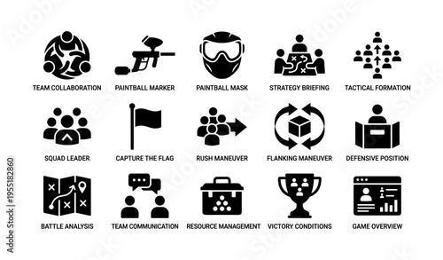 Paintball strategy icons set: teamwork, tactics, equipment, victory