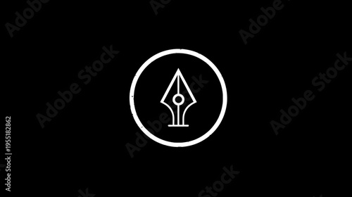 A simple illustration shows a pen nib within a circle on a black background