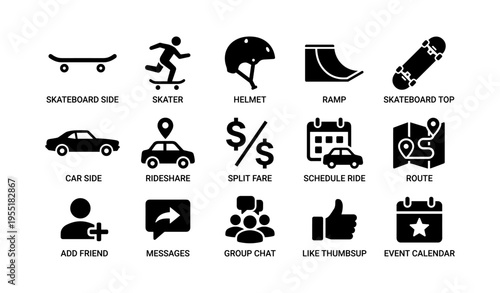 Skateboarding and rideshare app icons set with transport and social symbols