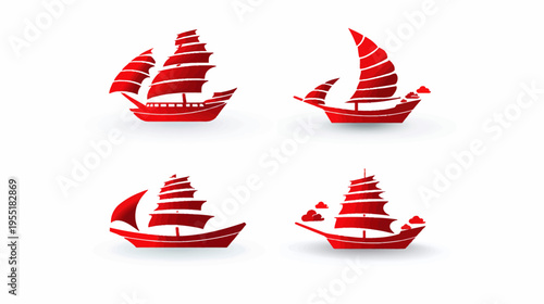 Four red junk boat icons with varying sail configurations against a white backdrop