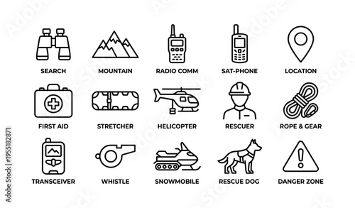 Emergency rescue icons: helicopter, rescuer, stretcher, radio, first aid, snowmobile