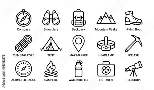 Outdoor adventure icons: compass, binoculars, backpack, tent, telescope, hiking boot, mountain peaks
