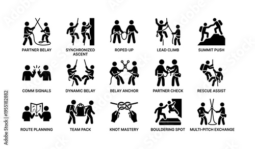 Climbing techniques and safety icons: teamwork, belay, roped up, knot mastery, bouldering