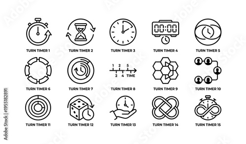 Set of 15 iconic turn timers with clocks hourglasses and dice symbols